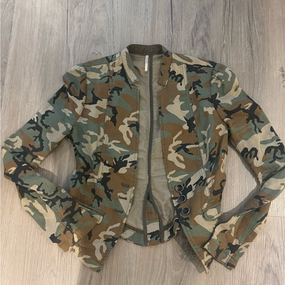 Free People Green and Brown Camouflage Blazer with Ruffled Details